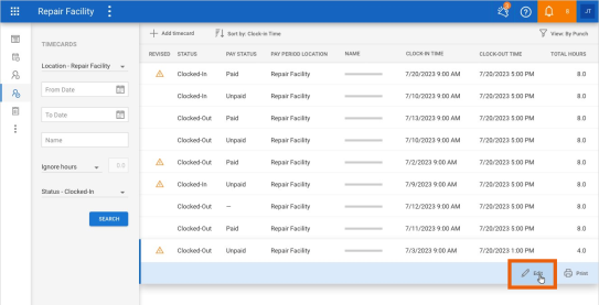 Screenshot of the Timecards screen with the Edit button highlighted on a timecard.