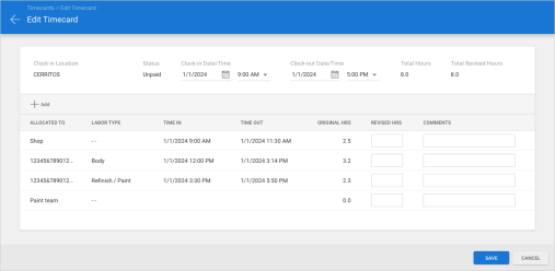 Screenshot of the Edit Timecard screen.