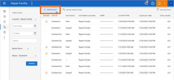 Screenshot of the Timecards screen with the Add timecard button highlighted.