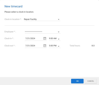 Screenshot of the New timecard window.