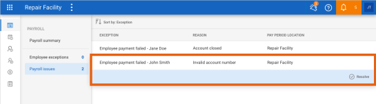 Payroll dashboard showing the Payroll issues section.