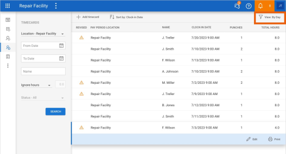 Screenshot of the Timecards screen with the View: By Day filter highlighted.