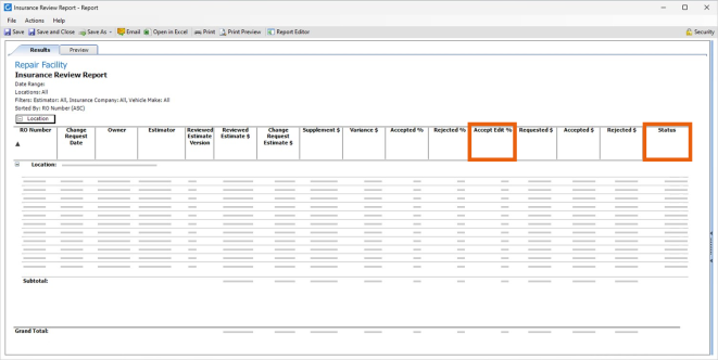 Screenshot of the Insurance Review Report with the Accepted Edit % and Status columns highlighted.