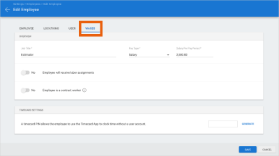 Screenshot of the Edit Employee screen with the Wages tab highlighted.