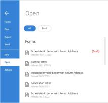 Menu, Open option showing available Forms.