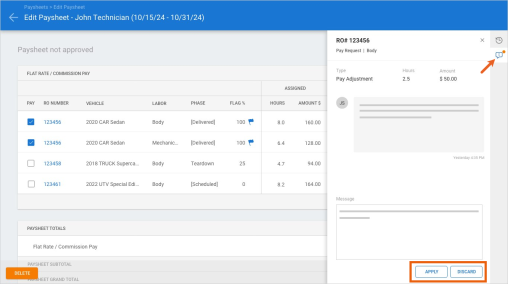 Screenshot of the pay request details. Screenshot of the pay request details with the Apply and Discard buttons highlighted.