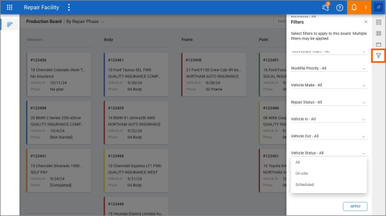 Screenshot of the Production Board Filters.