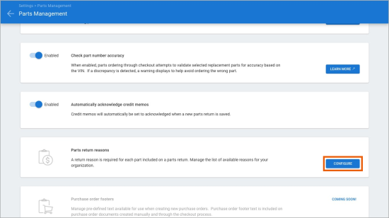 Screenshot of the Parts Management screen with the Parts return reason Configure button highlighted.