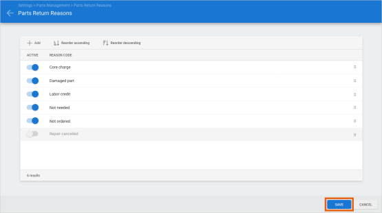 Screenshot of the Parts Return Reasons screen with the Save button highlighted.