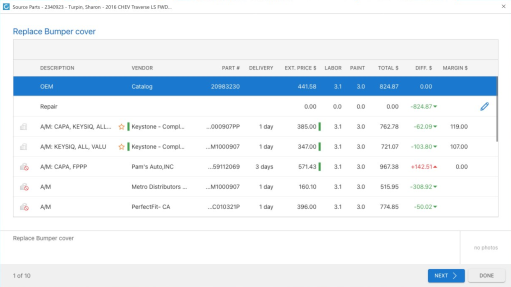 Screenshot of the Source Parts window.