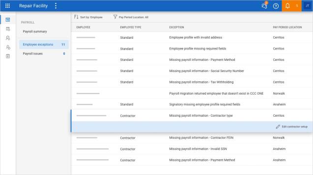 Payroll Employee Exceptions page