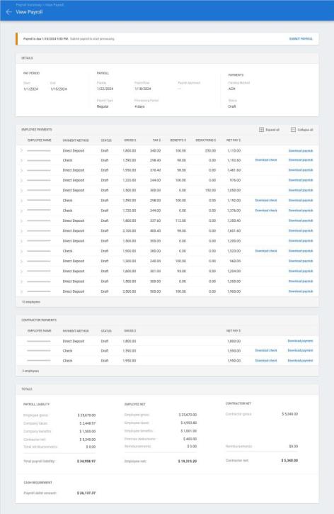 View Payroll screen