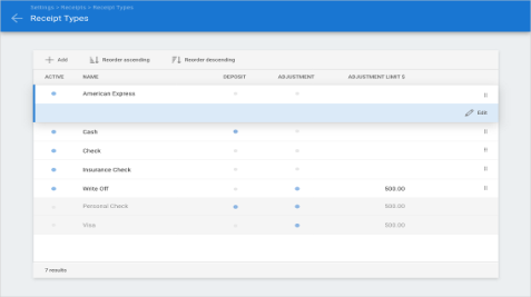 Receipt Types screen